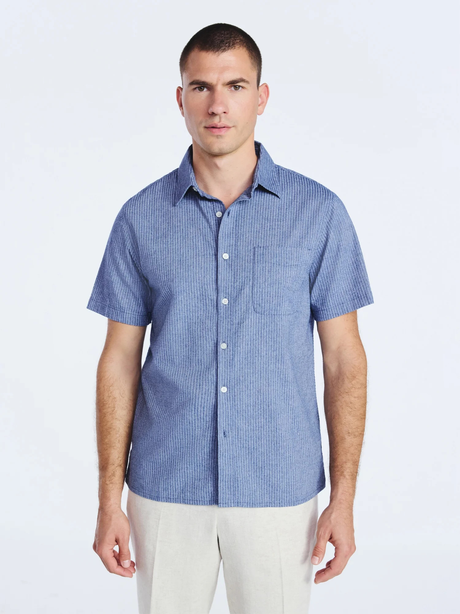Free Assembly Men's Button Front Seersucker Shirt with Short Sleeves, Sizes S-3XL | Walmart (US)