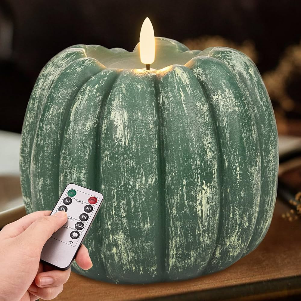 Fall Decorations for Home - Flickering Flameless Wax Pumpkin LED Candle with Timer Remote Control... | Amazon (US)