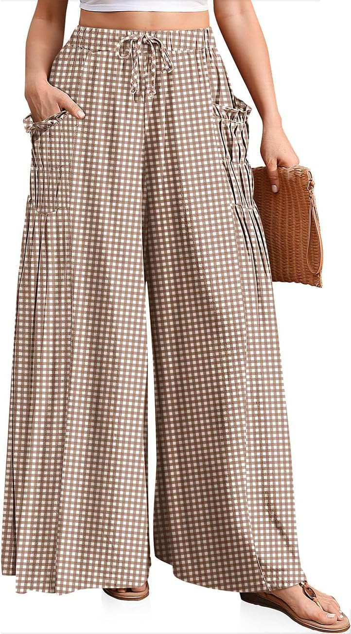 TARSE Womens Striped Gingham Palazzo Wide Leg Pants | Amazon (US)