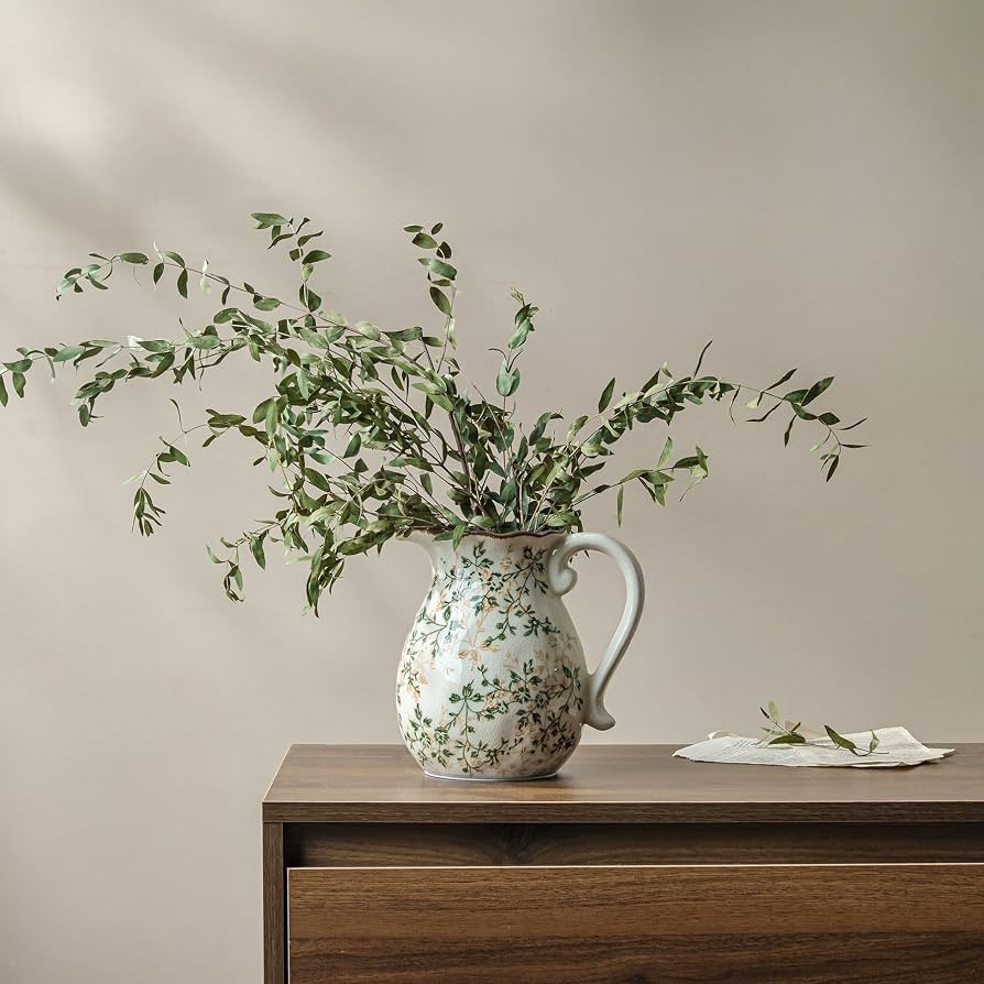Ceramic Flower Vase | Green Rustic Farmhouse Pitcher Vase for Home Decor, Vintage Floral Tuscan D... | Amazon (US)