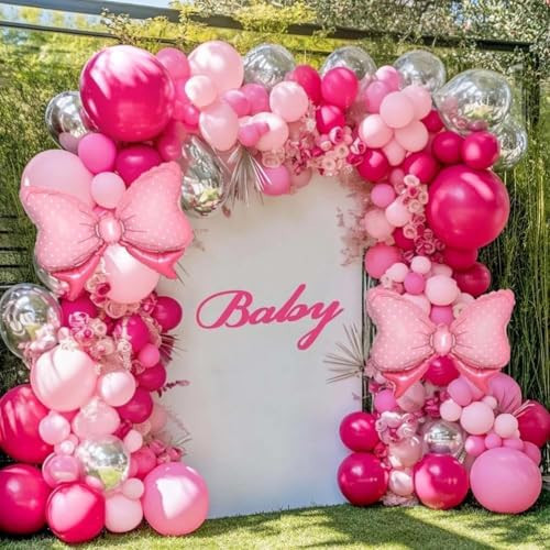 Pink Balloon Arch Kit Double Stuffed Peach Pink Bow Balloon Garland Foil Silver Balloons For Happy Birthday Baby Shower Bridal Shower Wedding Girls Women Theme Tea Party Decor | Amazon (US)
