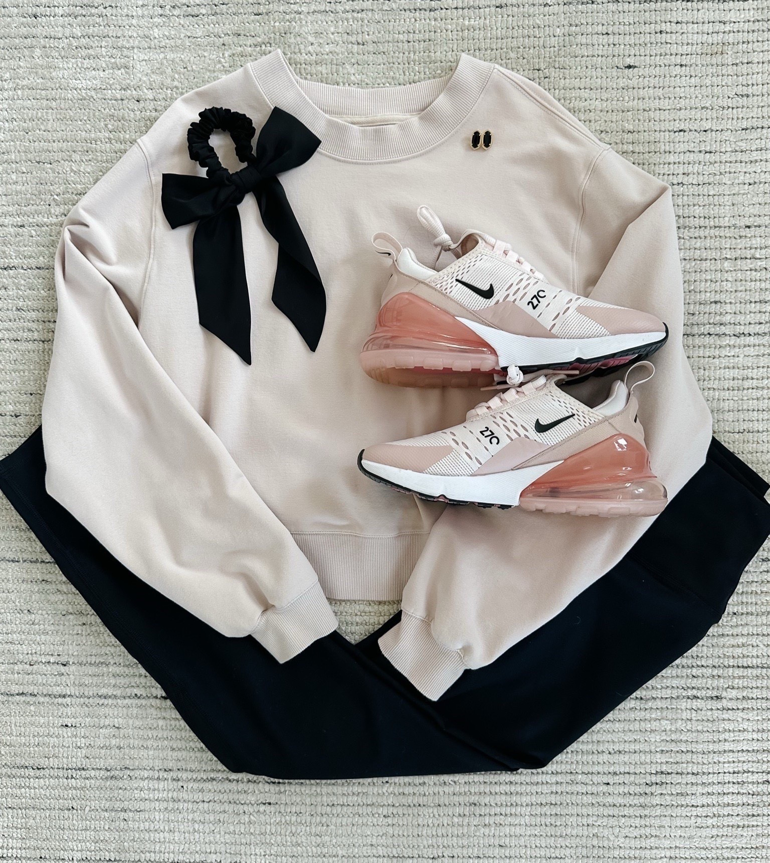 Casual workout attire with buttery soft leggings and pullover crew! Love a comfy weekend outfit to run errands, workout or lounge in. Accessorized with black earrings and black bow for a chic look! Love how this is comfy, yet put together! Perfect for winter transitioning to spring  

#LTKSeasonal #LTKTravel #LTKootd