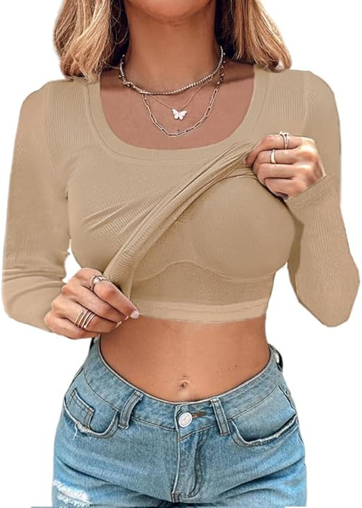 Chic Me Women's 2024 Fall Long Sleeve T Shirts with Built-in Shelf Bra Ribbed Knit Slim Fit Casua... | Amazon (US)