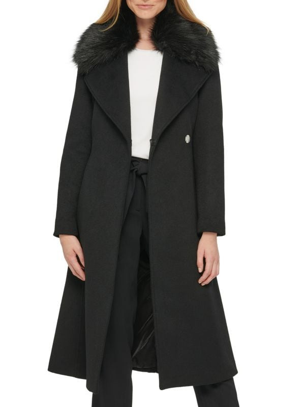 Karl Lagerfeld Paris ​Faux Fur Trim Belted Coat on SALE | Saks OFF 5TH | Saks Fifth Avenue OFF 5TH