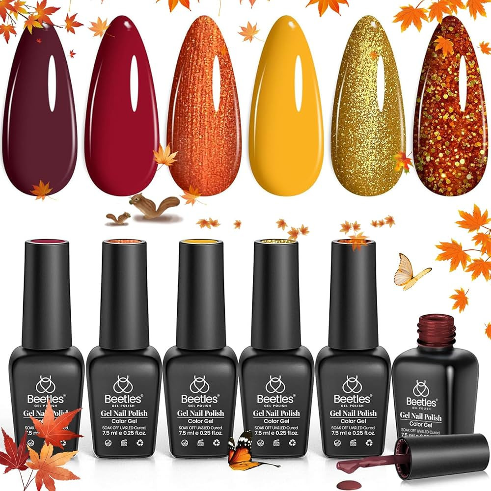 beetles Gel Nail Polish Set 6 Fall Colors Gel Nail Polish Burgundy Yellow Glitter Orange Gold Nai... | Amazon (US)