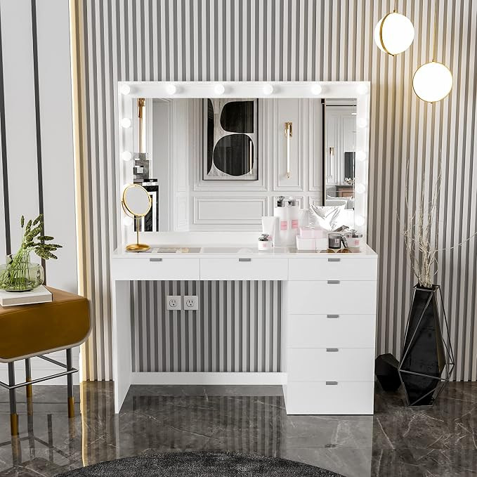 Boahaus Serena Modern Makeup Vanity with Hollywood Light Bulbs Add-On, 7 Drawers, Wide Mirror, Gl... | Amazon (US)