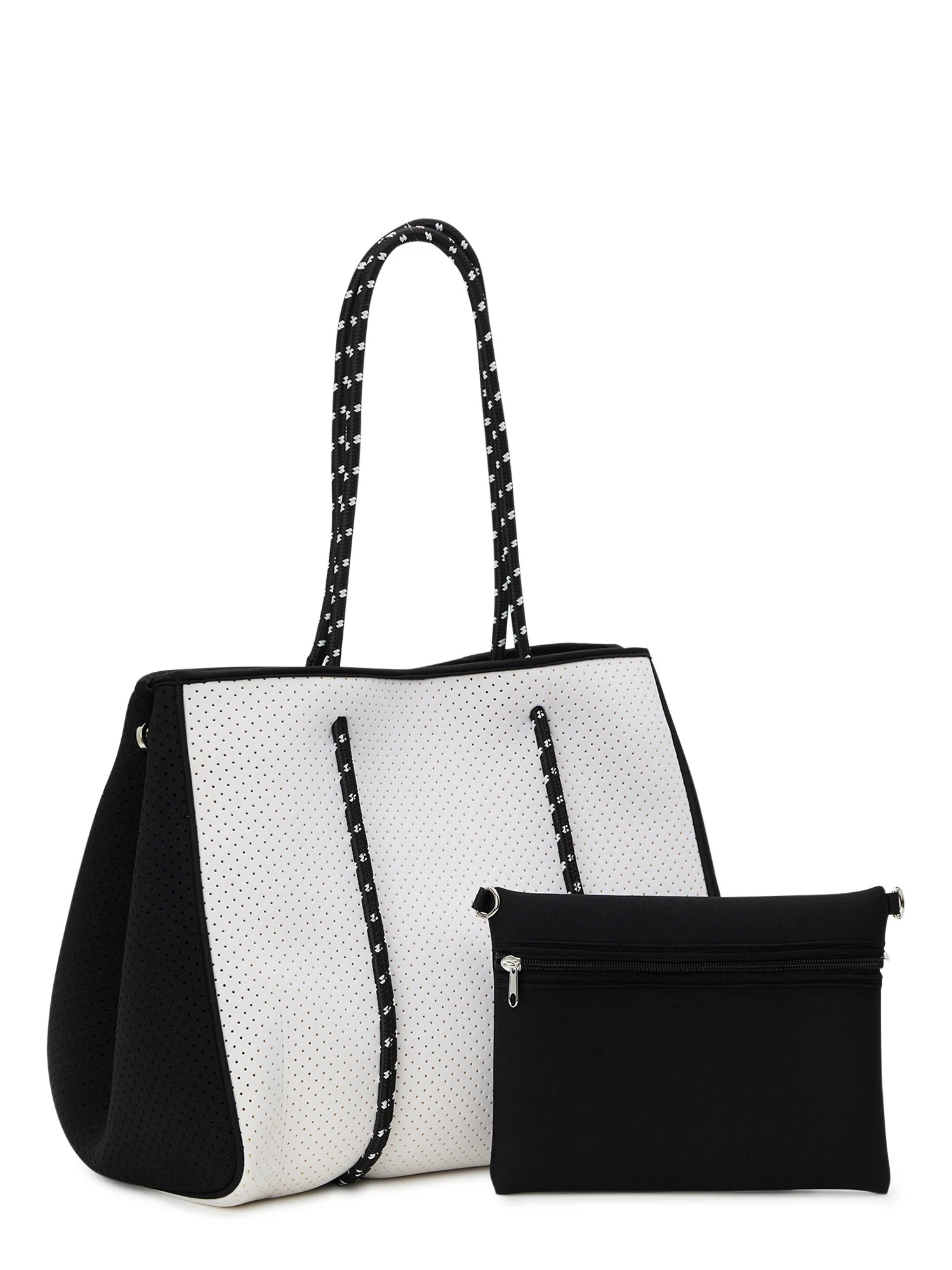 No Boundaries Women's 2-Piece Neoprene Beach Tote Handbag with Removable Zipper Pouch, White/Blac... | Walmart (US)