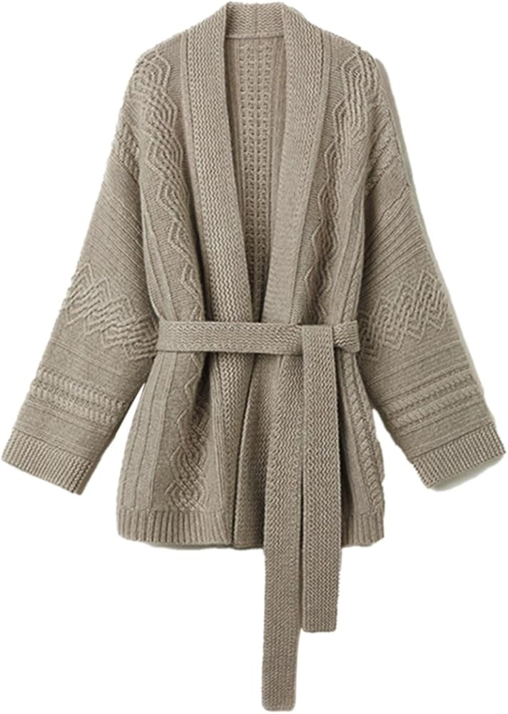 Mid-Length Wool Blend Open Cardigan Long Sleeve Cable Knitted Sweater for Women | Amazon (US)
