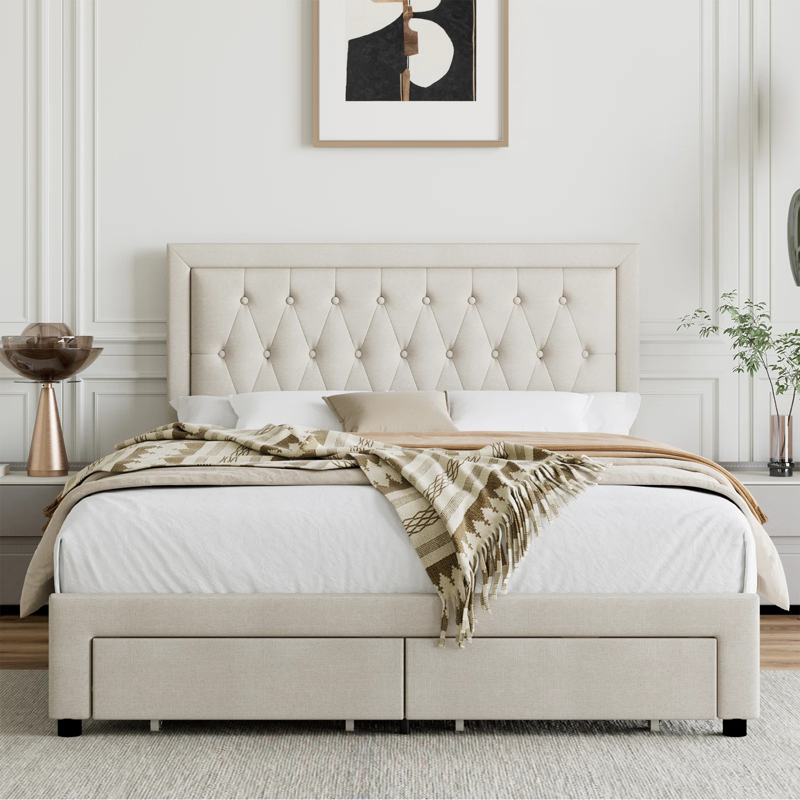 Emanuell Linen Upholstered Platform Bed with 2 Drawers, Storage Bed Frame With Tufted & Height-Ad... | Wayfair North America