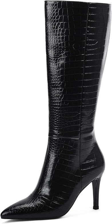 Modatope Knee High Boots Women Faux Crocodile High Heel Pointed Toe Tall Boots Side Zipper Long B... | Amazon (US)
