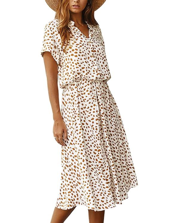 chouyatou Women's Summer Boho Polka Dot Print Ruffle High Waist Swing Midi Dress | Amazon (US)