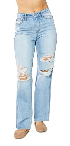 Judy Blue Women's High Waist Rigid Magic 90's Destroy Straight Leg Jeans (Medium Blue, 24W) | Amazon (US)