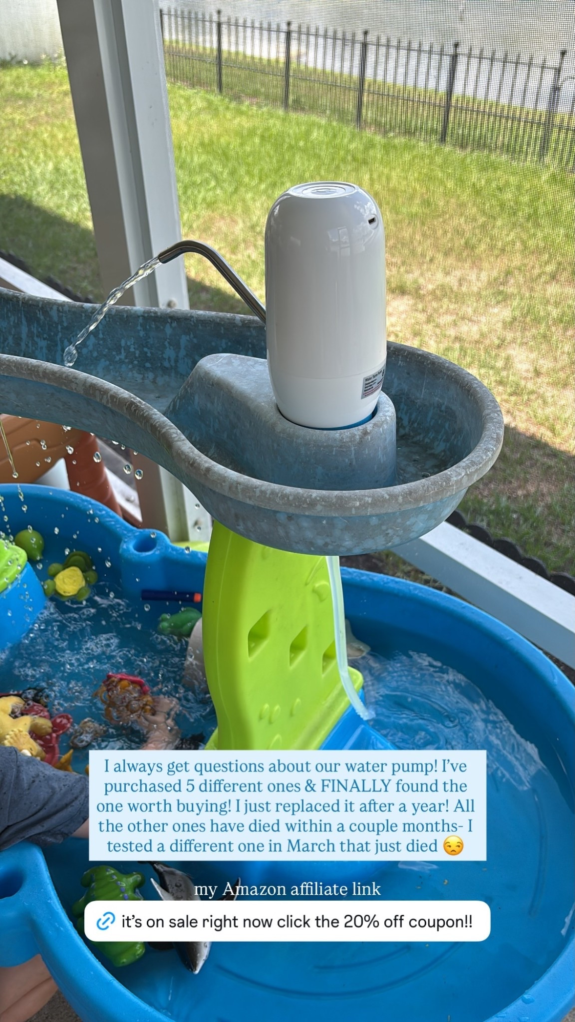 I always get questions about our water pump! I’ve purchased 5 different ones & FINALLY found the one worth buying! I just replaced it after a year! All the other ones have died within a couple months- I tested a different one in March that just died!

#LTKstorytime #LTKmomlife