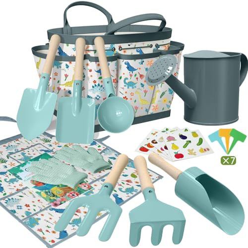 Kids Gardening Set 14Pcs Gardening Tools for Kids with Tote Bag,Watering Can, Shovel, Apron, Garden Book and More Educational STEM Learning Outdoor for Toddlers Boys Girls (Dinosaur Blue) | Amazon (US)
