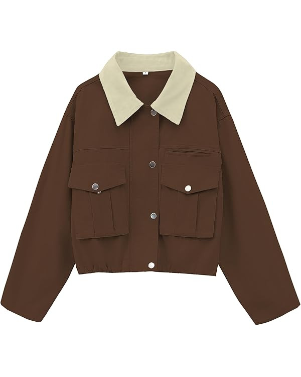 Womens Cropped Jacket Contrast Collar Utility Coat Cargo Jacket Barn Jacket Outwear with Pockets | Amazon (US)