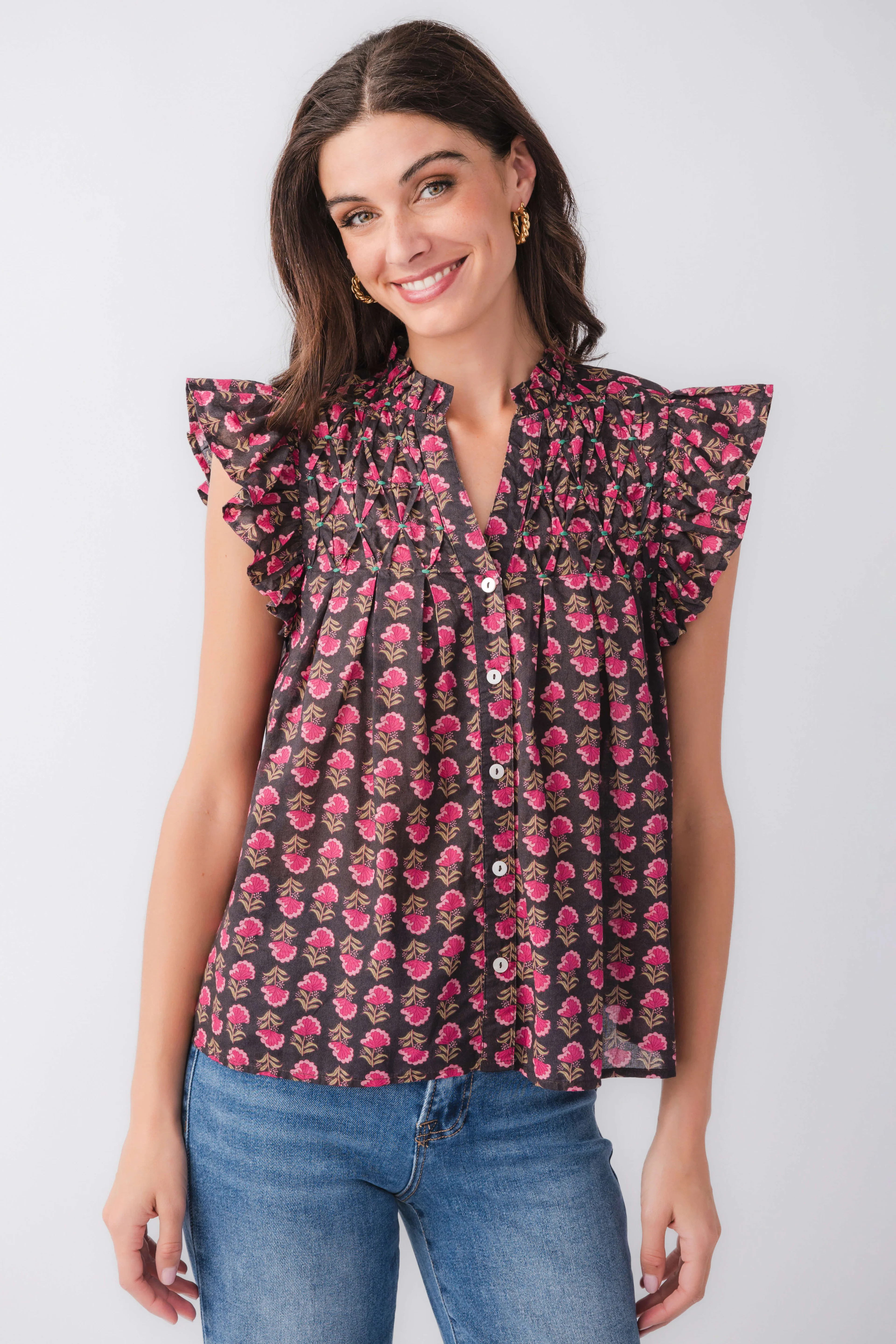 THML Block Print Flutter Sleeve Button Up Top | Social Threads