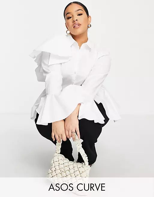 ASOS LUXE Curve poplin shirt with ruffles and buttons in white | ASOS (Global)