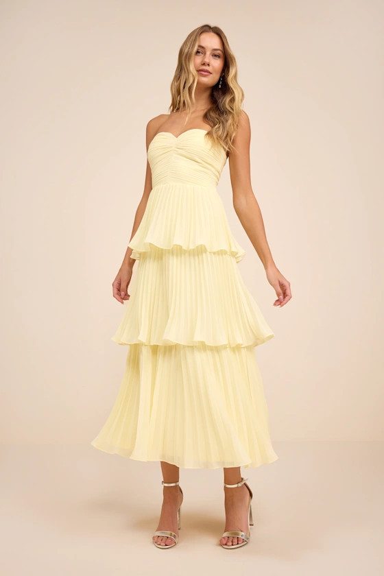 Seriously Sensational Light Yellow Strapless Tiered Midi Dress | Lulus