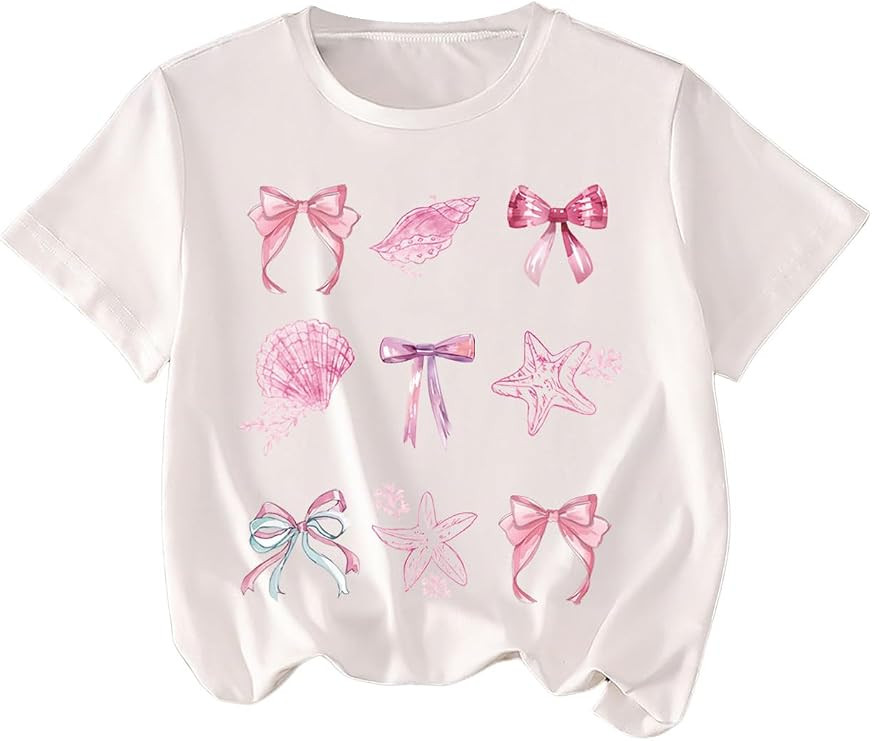 Girl's Graphic Tees Short Sleeve Bow Print Tee Tops Crew Neck Drop Shoulder Casual Summer T Shirt... | Amazon (US)