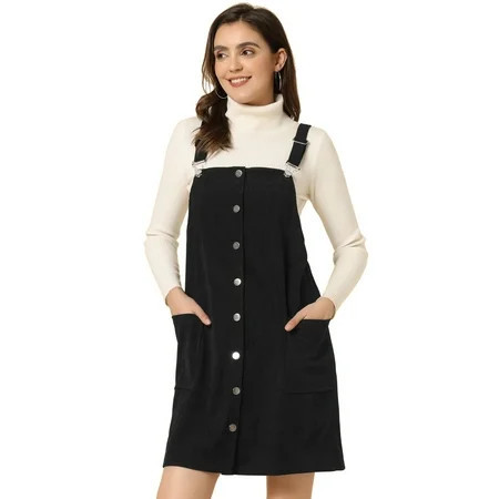 Unique Bargains Women s Corduroy Straps Pinafore Button Decor Overall Dress M Black | Walmart (US)