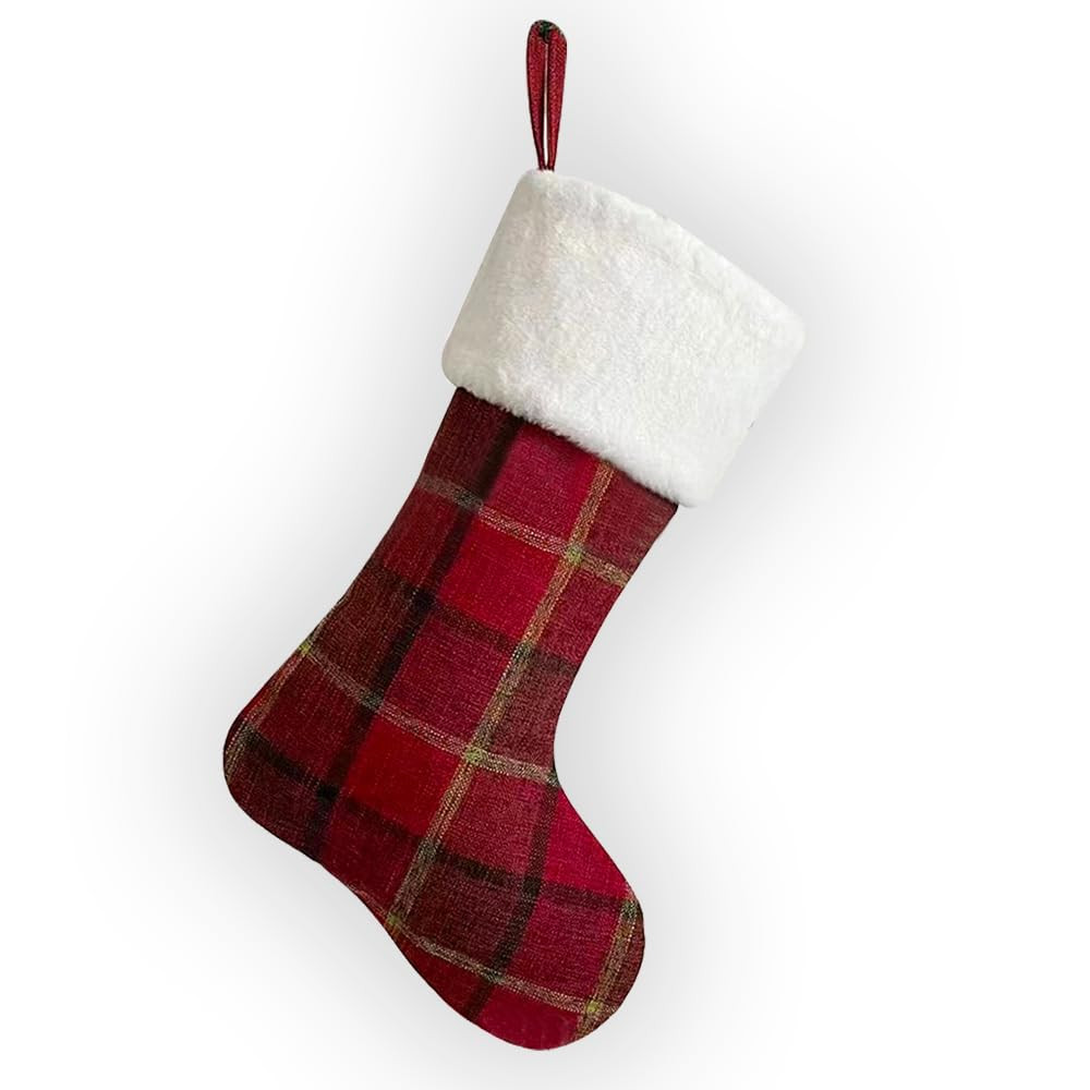 Large Christmas Stockings, Plush Velvet Faux Fur Xmas Stocking Decoration Vintage Red Plaid Hangi... | Amazon (US)