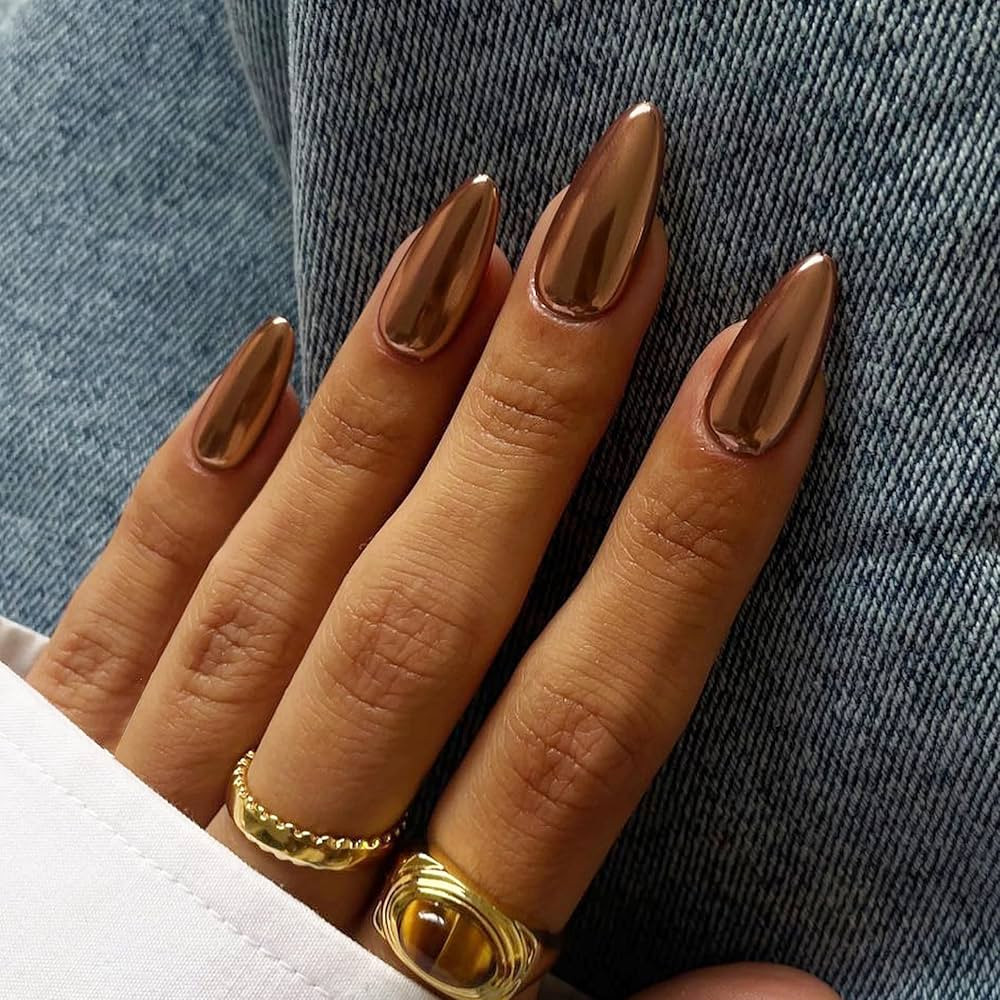 Chrome Press On Nails Almond, Metallic Bronze Mirrored Glue on Nails Medium Press Ons, Acrylic Na... | Amazon (US)