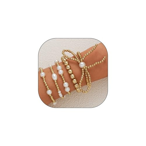 CSIYANJRY99 Gold Bow Bracelets for Women Gold Silver Beaded Stretch Stackable Bracelets Bead Ball Pearl Bow Bracelet Adjustable Gold Bracelet Stack Jewelry (Gold Bow Pearl) | Amazon (US)