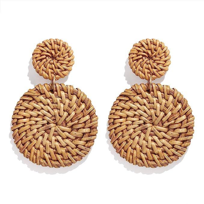 Rattan Earrings for Women Girls Handmade Lightweight Wicker Straw Stud Earrings Statement Weaving... | Amazon (US)