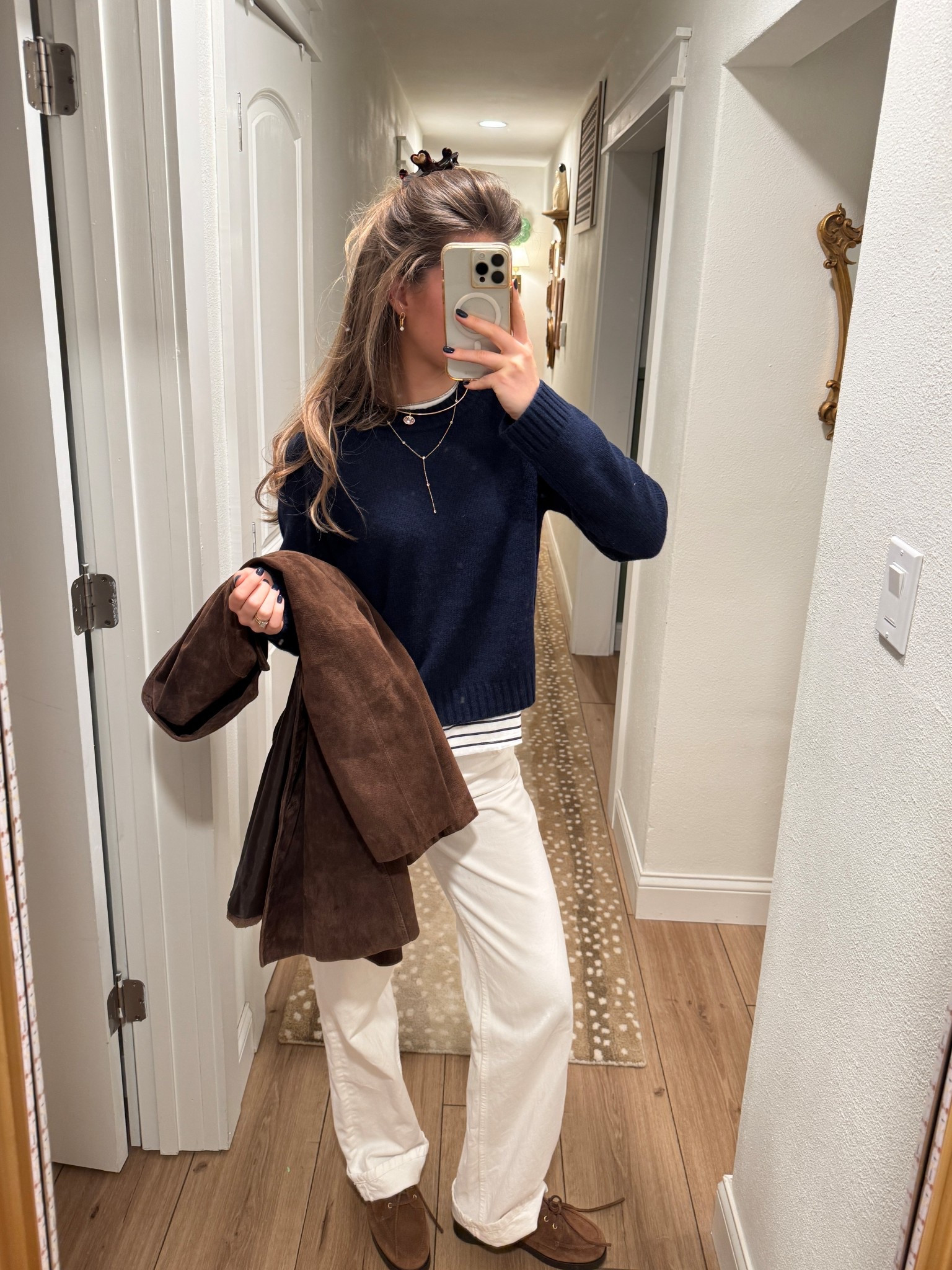 Wearing a medium in the sezane Jason sweater. Jeans are old Zara wide leg full length jeans and suede jacket is thrifted!