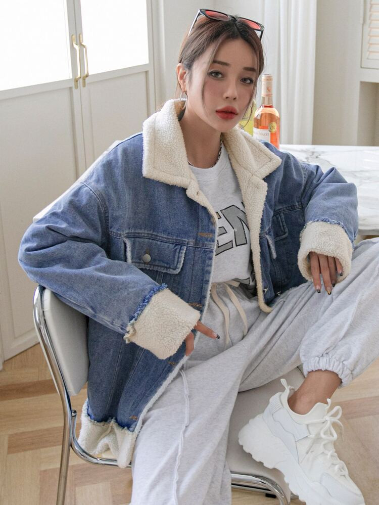 DAZY Teddy Lined Drop Shoulder Denim Jacket | SHEIN