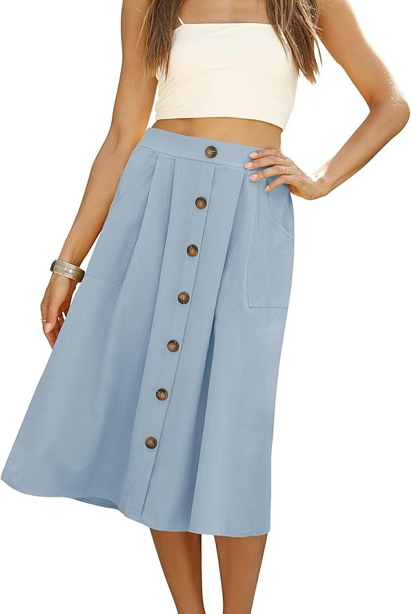 Womens Summer Skirts Casual Front Button A-Line High Waisted Midi Skirt with Pockets | Amazon (US)