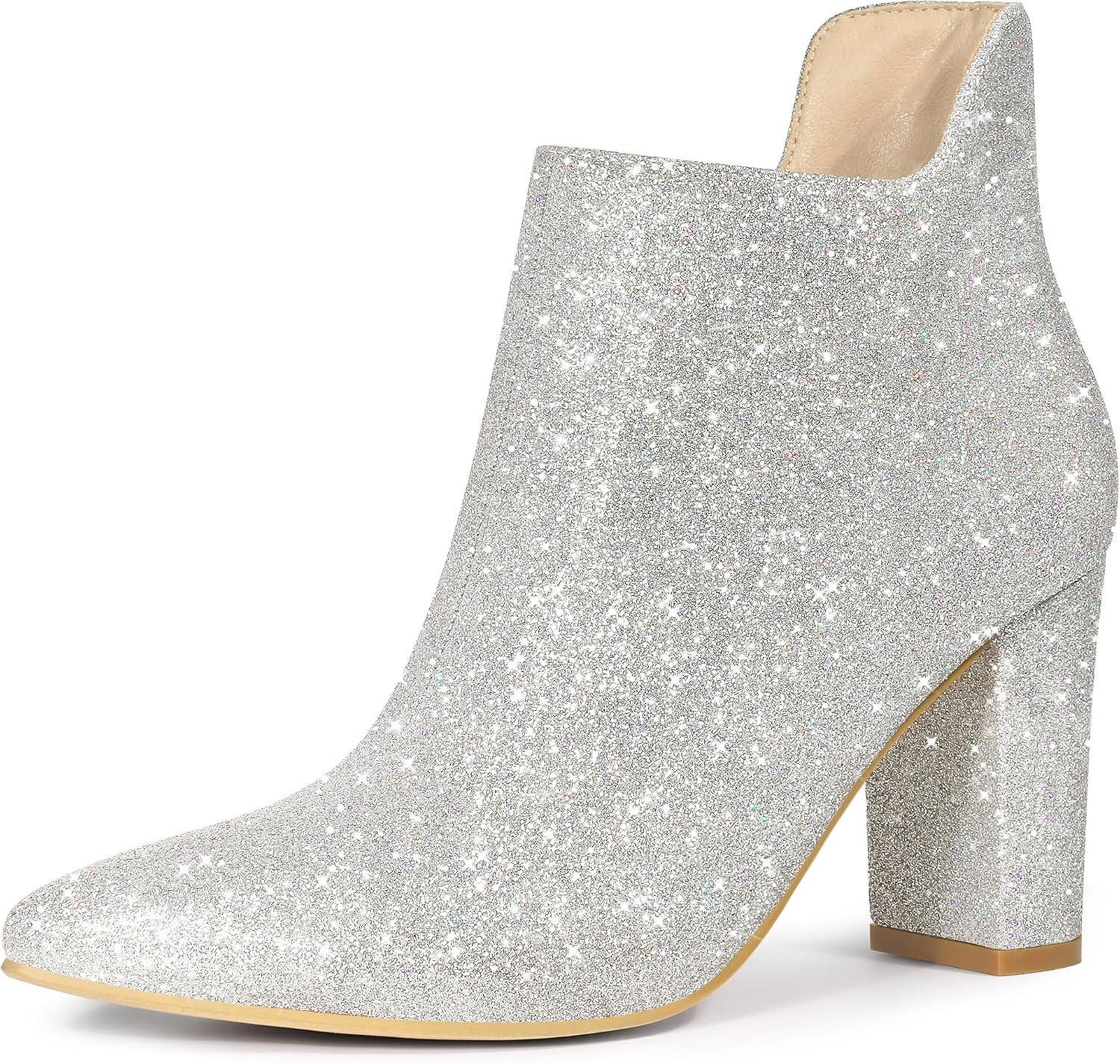 Allegra K Women Glitter Pointed Toe Block Heel Ankle Booties | Amazon (US)