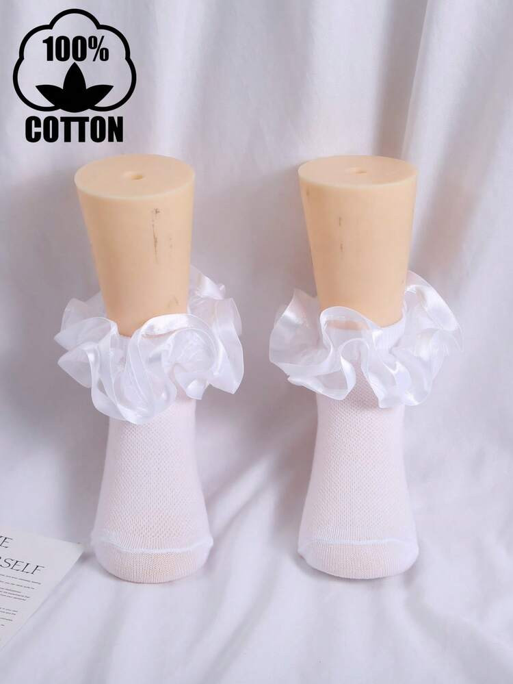 1 Pair Girls' Cotton Solid Color Princess Lace Trim Short Socks, Suitable For Dance And Casual Wear | SHEIN