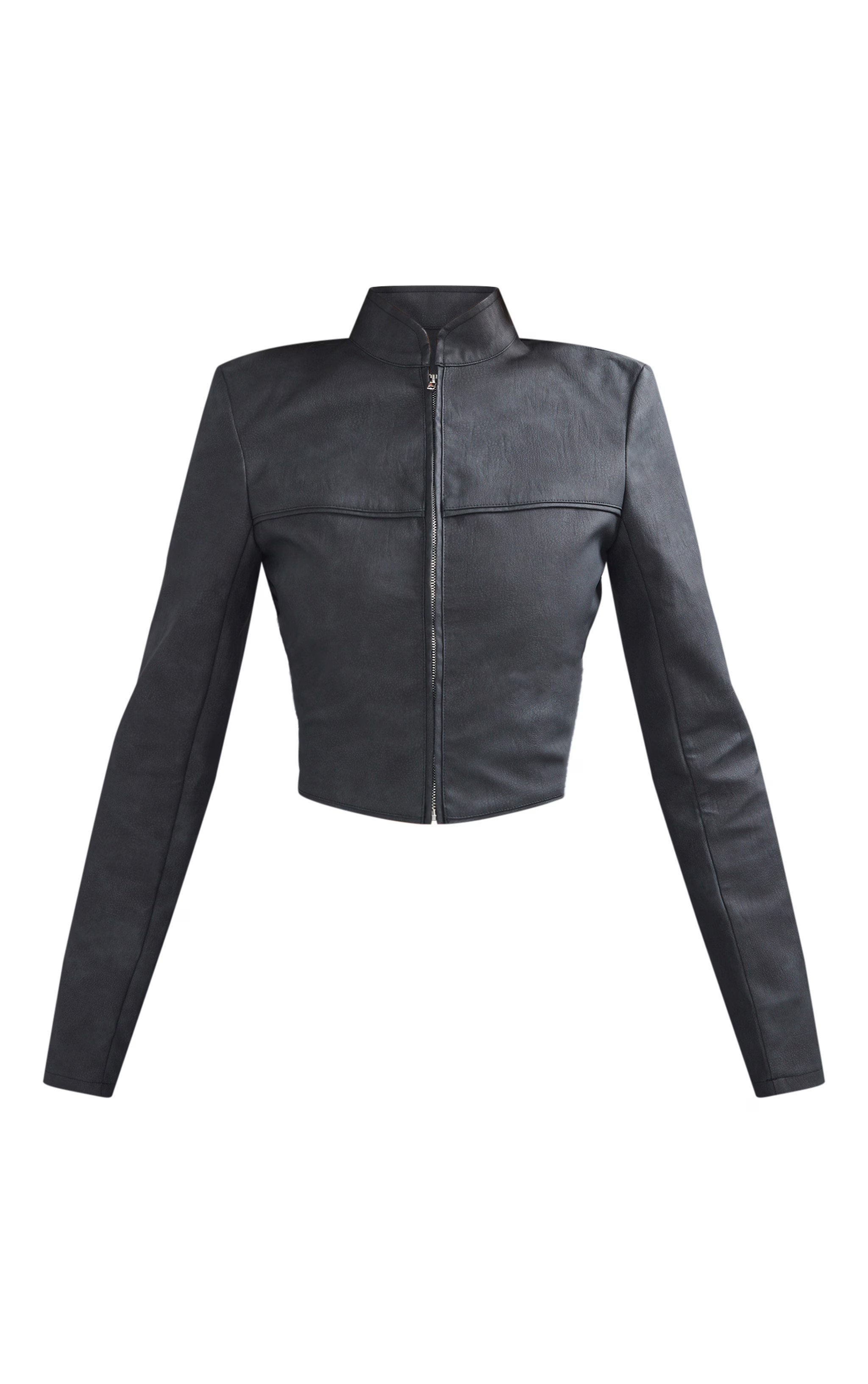 Washed Black Textured Faux Leather Funnel Neck Jacket | Pretty Little Thing (Australia & New Zealand)