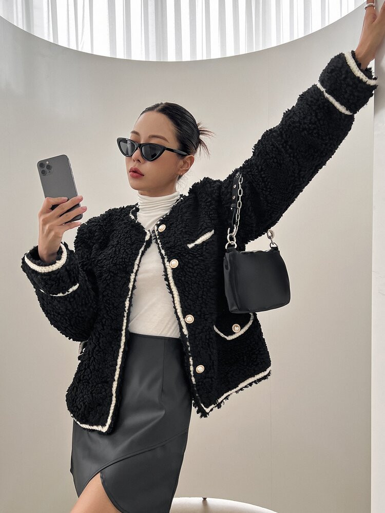 DAZY Contrast Trim Single Breasted Teddy Coat | SHEIN