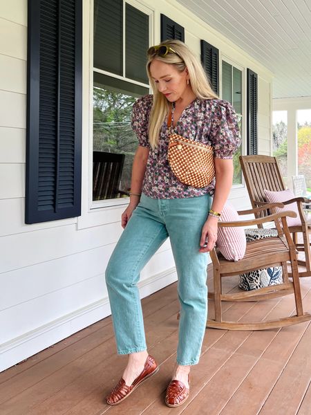 Spring  outfit - Levi’s sunwashed denim jeans from Shopbop  (trending!) tuckernuck puff sleeve top, favorite Krewe sunglasses, Clare v bag, nisolo leather sandals, layered JCrew bracelets, Amazon gold earring set 

Details and more everyday casual outfits on CLAIRELATELY.com

#LTKshoecrush #LTKover40 #LTKstyletip