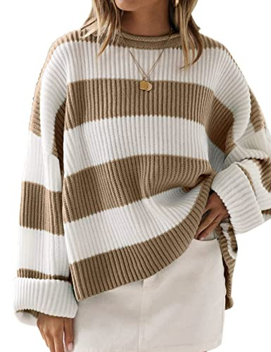 ZESICA Women's 2024 Fall Long Sleeve Crew Neck Striped Color Block Comfy Loose Oversized Knitted Pullover Sweater,LightKhaki,Medium | Amazon (US)