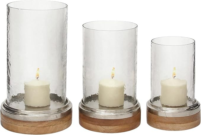Deco 79 Wood Hurricane Lamp Pillar with Glass Candle Holders, Set of 3 13, 11, 9"H, Brown | Amazon (US)