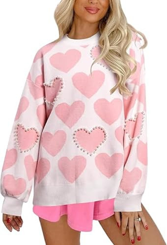 Seyurigaoka Cute Heart Sweater for Women Love Graphic Print Valentine’s Day Sweatshirt Pullover Jumper Knitted Top Valentine Shirt (Pearl Heart Pink, L) | Amazon (US)