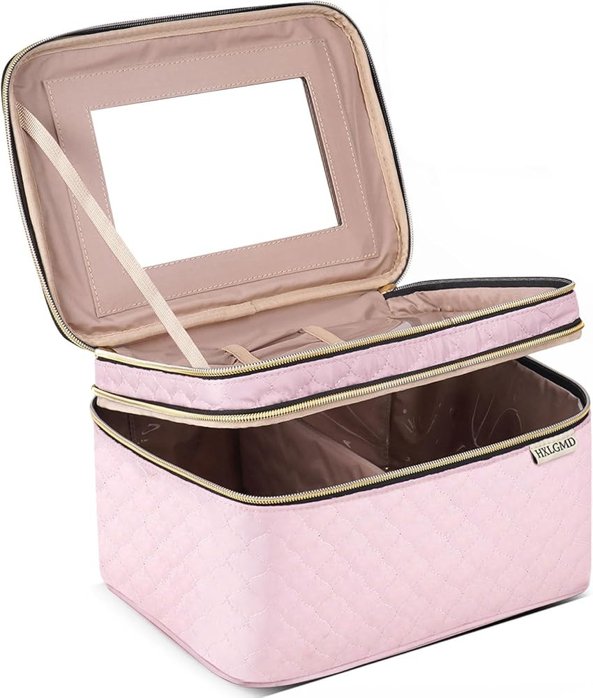 HXLGMD Large Makeup Bag with Mirror Double Layer Travel Make Up Organizer Case, Large Capacity Co... | Amazon (US)