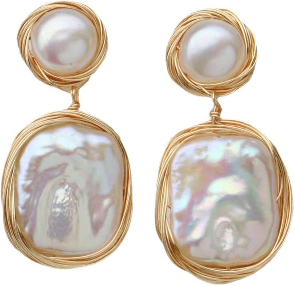 Pearl Earrings for Women,Baroque Freshwater Pearl Earrings for Women, Wire Wrap Gold Pearl Drop E... | Amazon (US)
