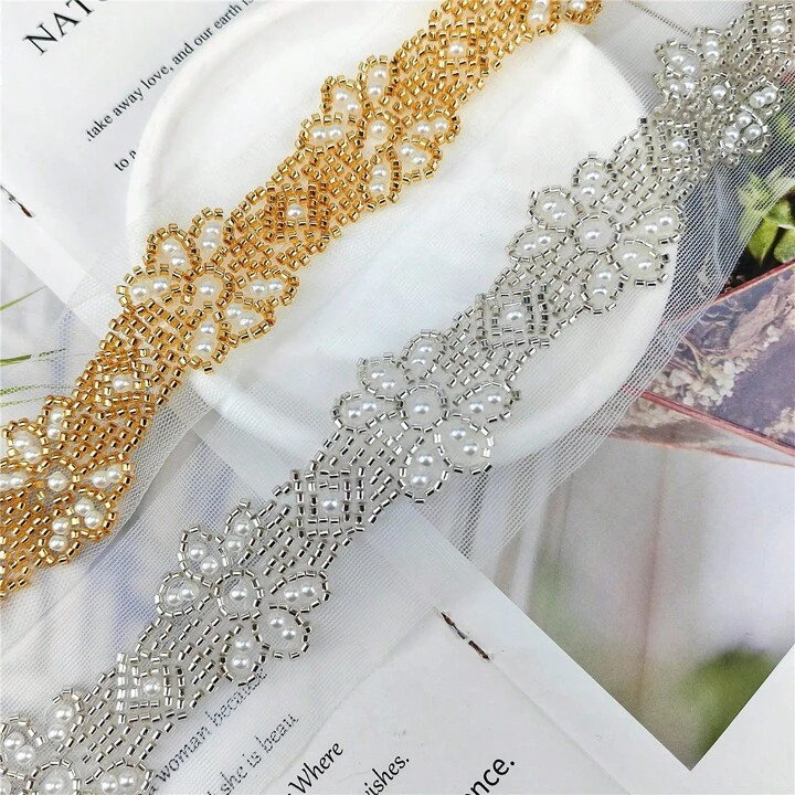 1pc Gold-Colored Faux Pearl Beaded Embroidered Lace Trim For Wedding Dress Decoration, Hat, Bag, Skirt, DIY Accessory (Size: One Size) | SHEIN