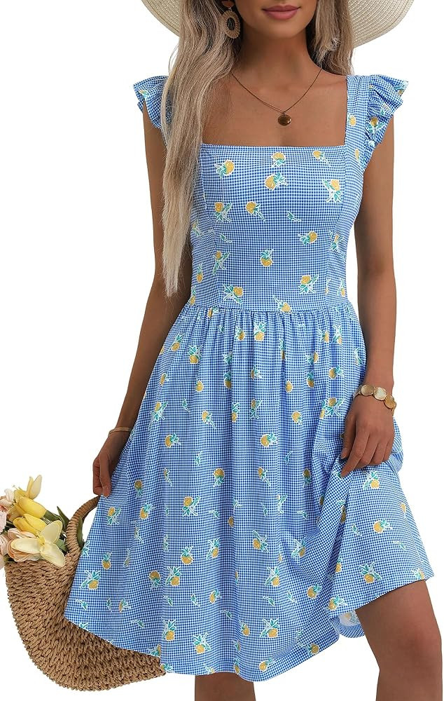 Loemes Summer Casual Cute Floral Flowy Square Neck Sundressses with Pocket Beach Dress for Women | Amazon (US)