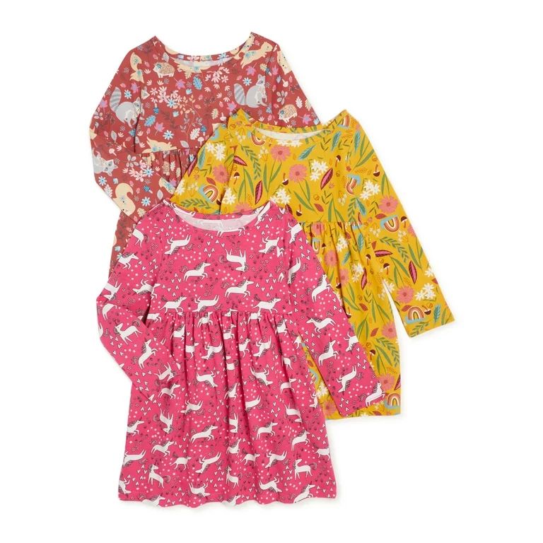 Wonder Nation Baby and Toddler Girl Organic Cotton Long Sleeve Knit Dress with Pockets, 3-Pack, S... | Walmart (US)