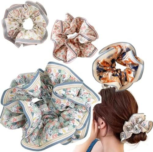 4pcs Large Hair Scrunchies Oversize Hair Elastics Bands Floral Hair Scrunchie Elastic Rubber Band... | Amazon (US)