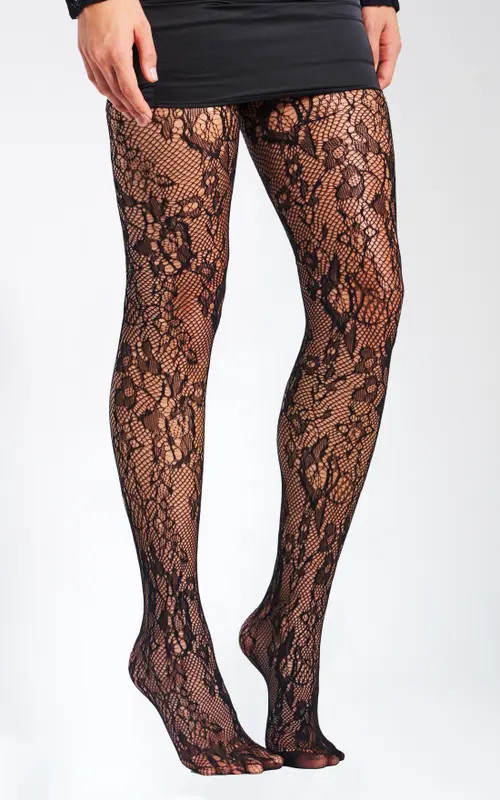 Miss Circle Lace Floral Print Tights in Black at Nordstrom, Size Medium | Nordstrom