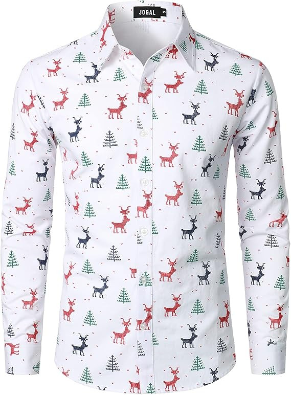 JOGAL Mens Christmas Shirts Santa Claus Party Long Sleeve Button Down Shirts | Amazon (US)