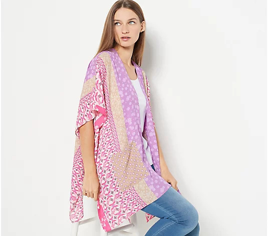 Susan Graver Petite Printed Woven Open Front Cardigan w/Patch Pockets | QVC