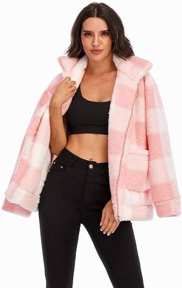 Onorner Women's Coat Fashion Long Sleeve Lapel Zip Up Faux Shearling Jacket Fuzzy Jacket Oversize... | Amazon (US)