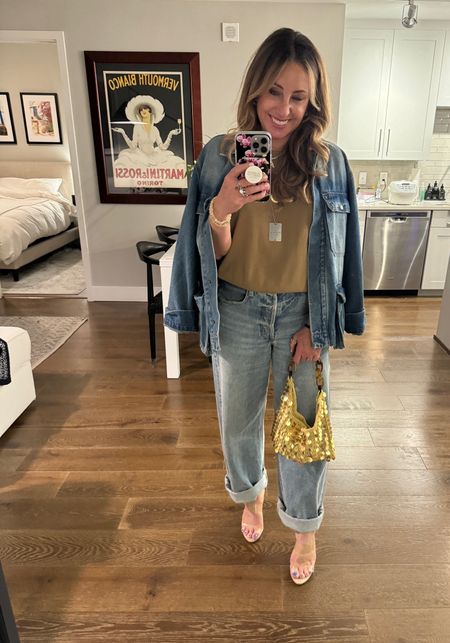 A Canadian tuxedo, but make it fancy. I love wearing denim on denim. It is something that needs to be done “right“. It has to do with the wash, and I like how these two washes work together. Adding that little bit of sparkle Makes the utilitarian fabric feel a little more fancy for going out!

#LTKparties #LTKshoecrush #LTKstyletip